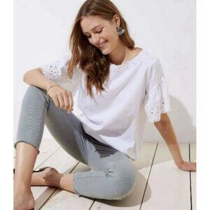 LOFT Blouse White Embroidered Eyelet Short Sleeve Size Medium Linen